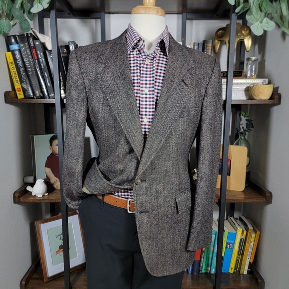 VTG Evan Picone Mens Sport Coat Blazer Two Button Brown Plaid Silk Wool Size 42R